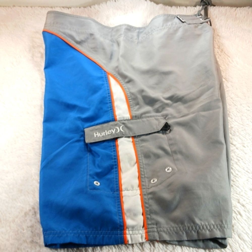 Hurley Board Shorts Mens 38 Gray Front Blue Back 1 Pocket Orange White Accents..